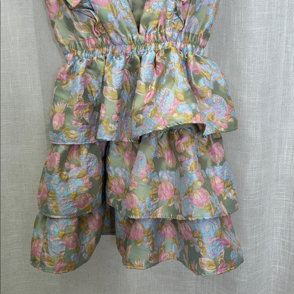 Buddy Love Jacquard Floral Ruffle Tiered  Dress in Sage Green and Pastel Pink - Picture 12 of 15